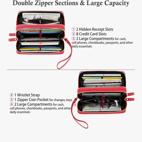 Vibrant Red Floral Embossed Leather Clutch with Wrist Strap RFID - Picture 2 of 11